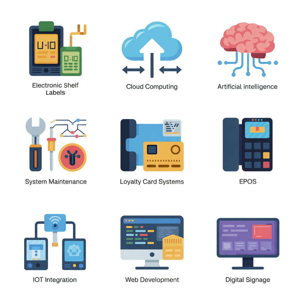 allIcon-Photoroom Electronic Shelf Labels, Cloud Computing, Artificial Intelligence, System Maintenance, VoIP Solutions, Loyalty Card Systems, EPOS, IoT Integration, Web Development, Digital Signage